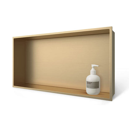 Golden Rothnow® shower niche wall shelf with mirrored finish, designed for bathroom storage and elegant organization.