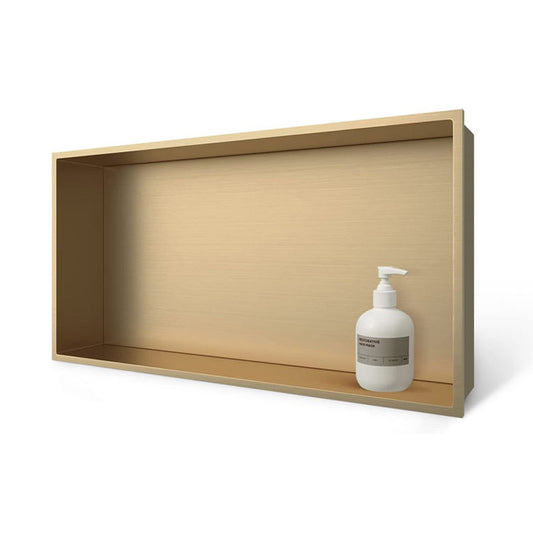 Golden Rothnow® shower niche wall shelf with mirrored finish, designed for bathroom storage and elegant organization.
