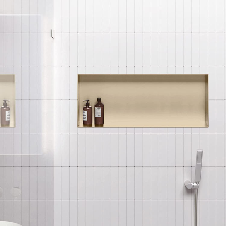 Golden Rothnow® Shower Niche RN-WN002, wall-mounted bathroom storage with mirrored front, designed for sleek modern showers.
