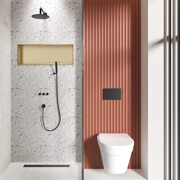 Golden Rothnow® shower niche wall shelf with mirrored interior for bathroom storage and organization.