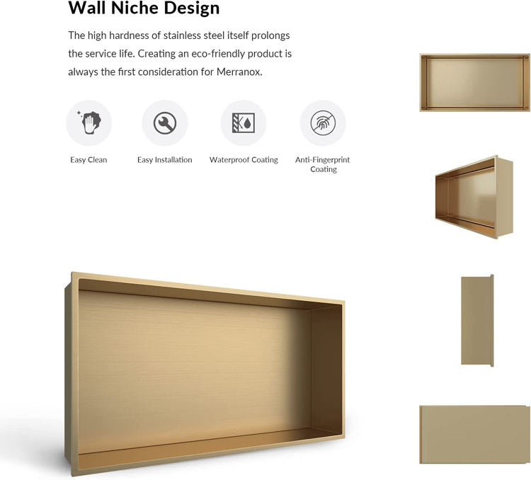 Rothnow® golden wall shower niche with mirrored interior for bathroom storage and organization.