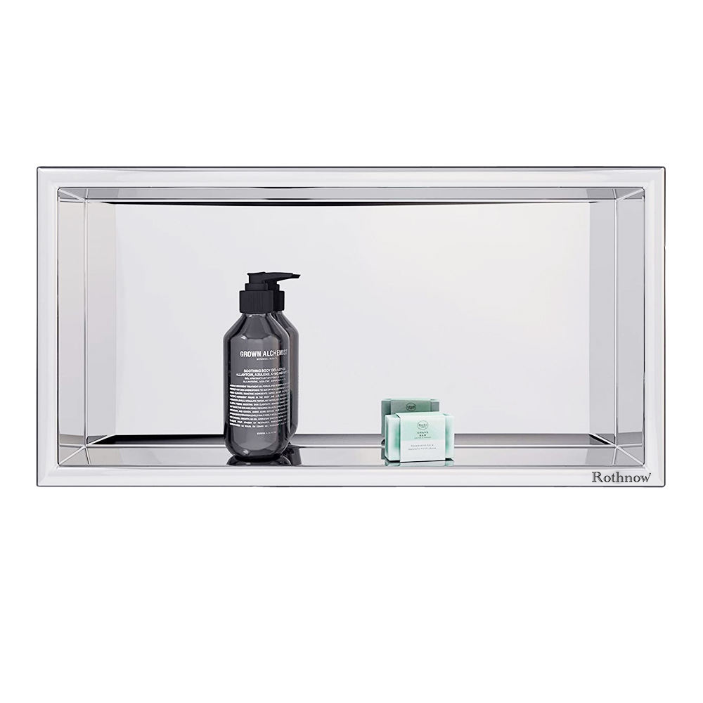 Rothnow® mirrored wall niche for shower with sleek glass design and reflective surface, ideal for bathroom storage.