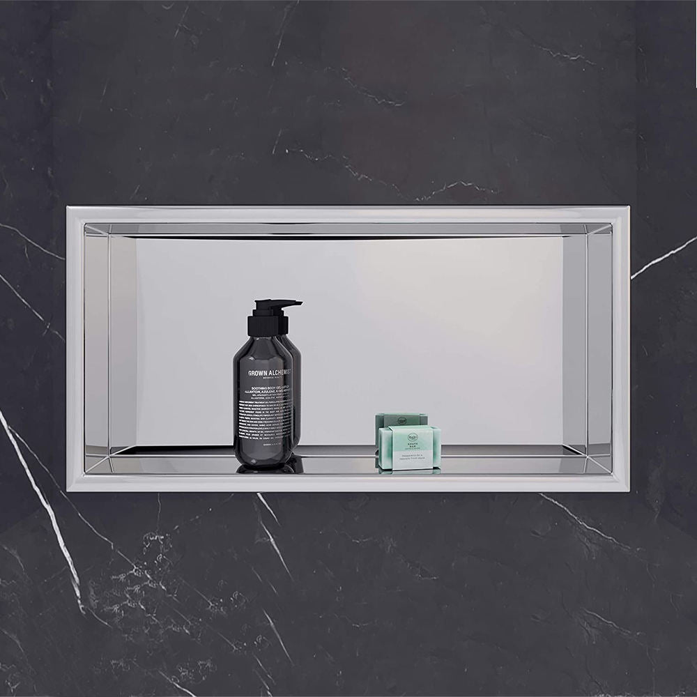 Rothnow® mirrored shower niche wall cavity with reflective surface, built-in storage for bathroom essentials.