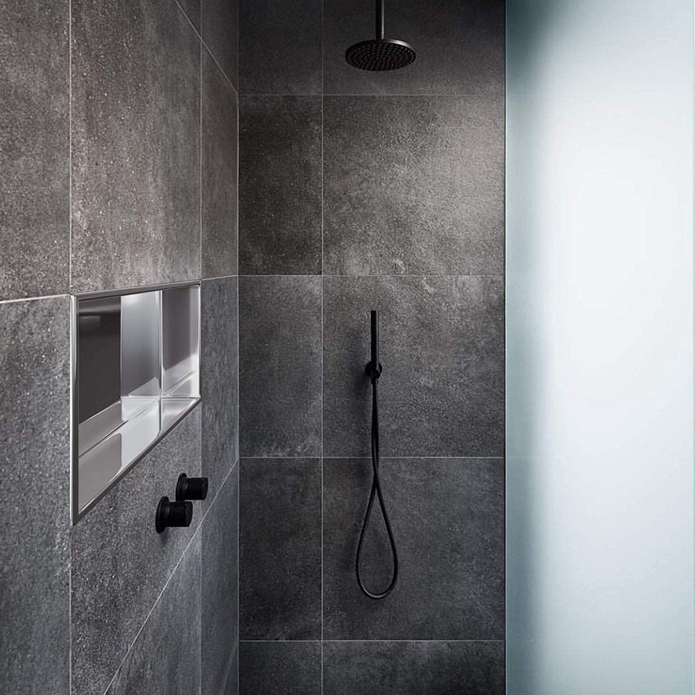 Rothnow® mirrored shower niche wall shelf with reflective surface, ideal for bathroom storage and organization.