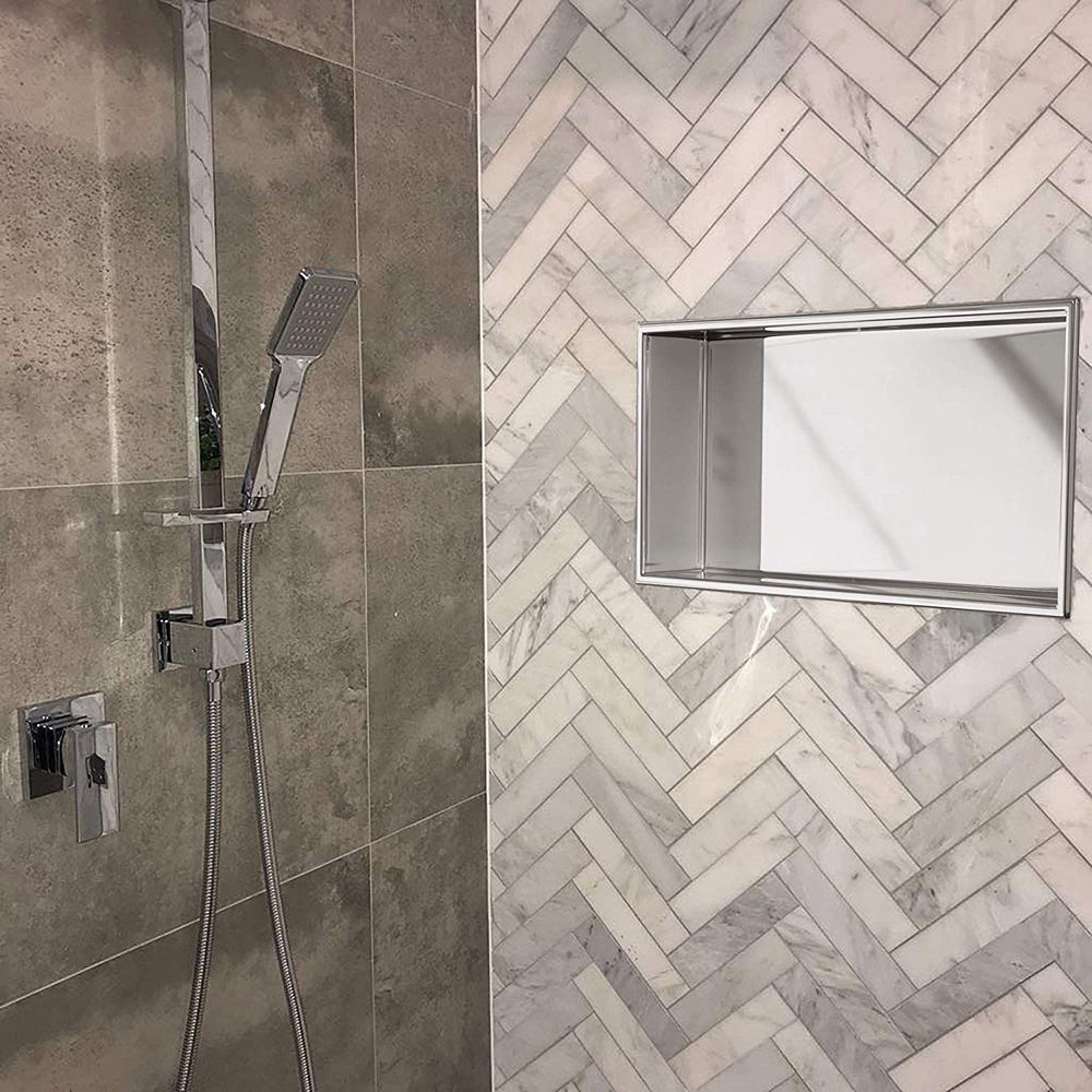 Rothnow® mirrored shower niche wall cabinet with reflective door for bathroom storage, sleek and modern design.