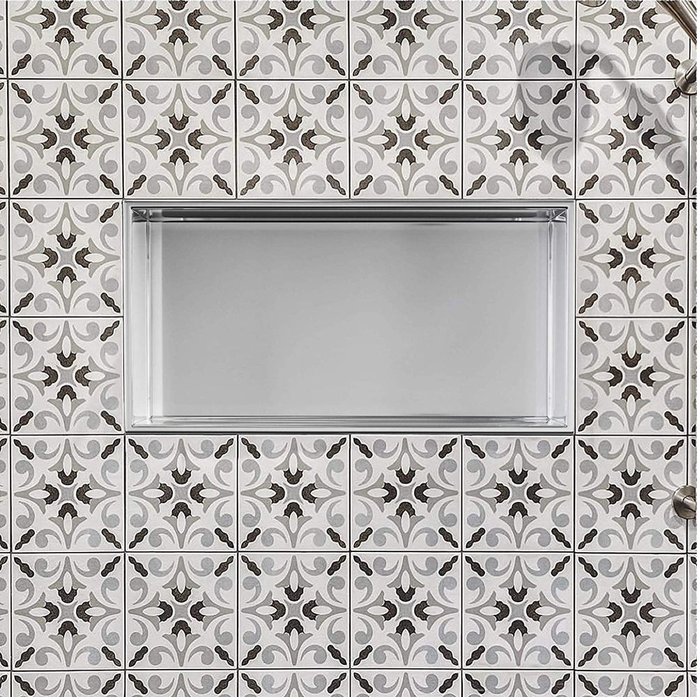 Rothnow® mirrored wall shower niche RN-WN002 with sleek glass mirror surface for bathroom storage and organization.