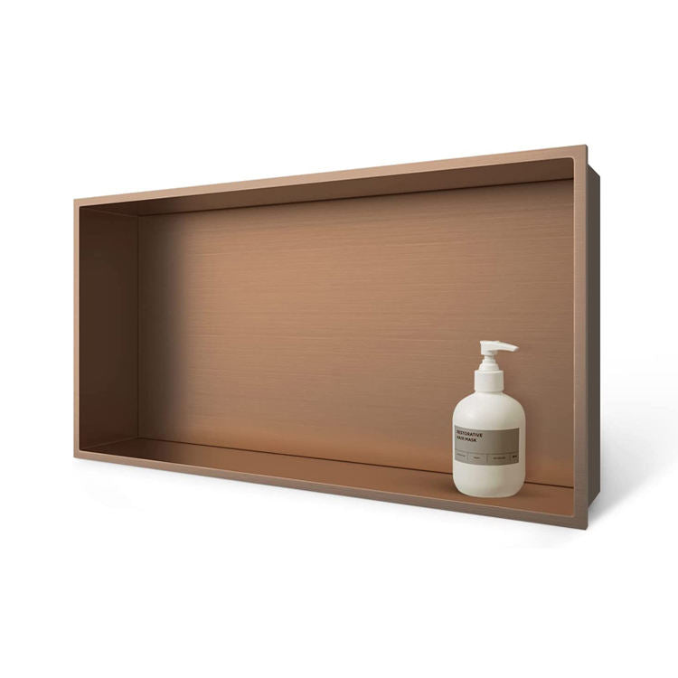 Rothnow® rose gold shower niche wall shelf with mirrored finish, ideal for bathroom storage and organization.