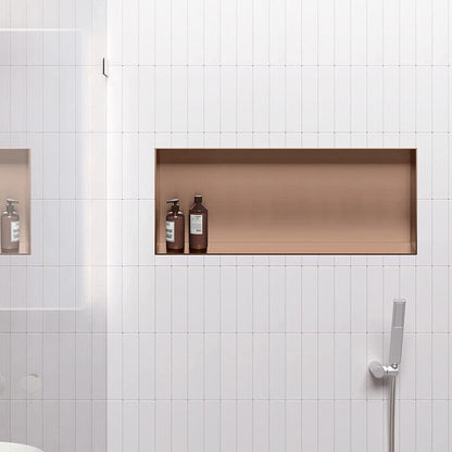 Rothnow® Rose Gold Wall Shower Niche with mirrored interior for bathroom storage and elegant design.