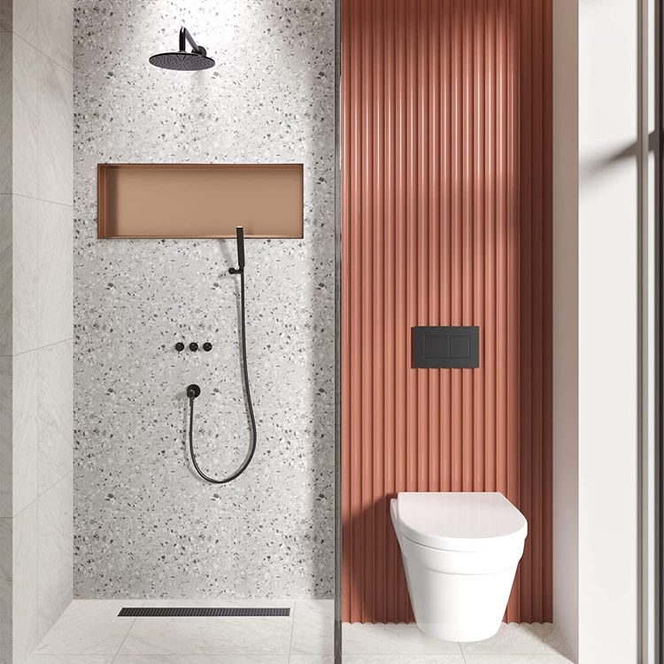 Rothnow® Rose Gold Shower Niche wall shelf with mirrored surface, ideal for bathroom storage and stylish organization.
