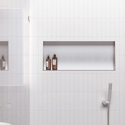 White Rothnow® shower niche wall shelf with mirrored interior for bathroom storage and organization.