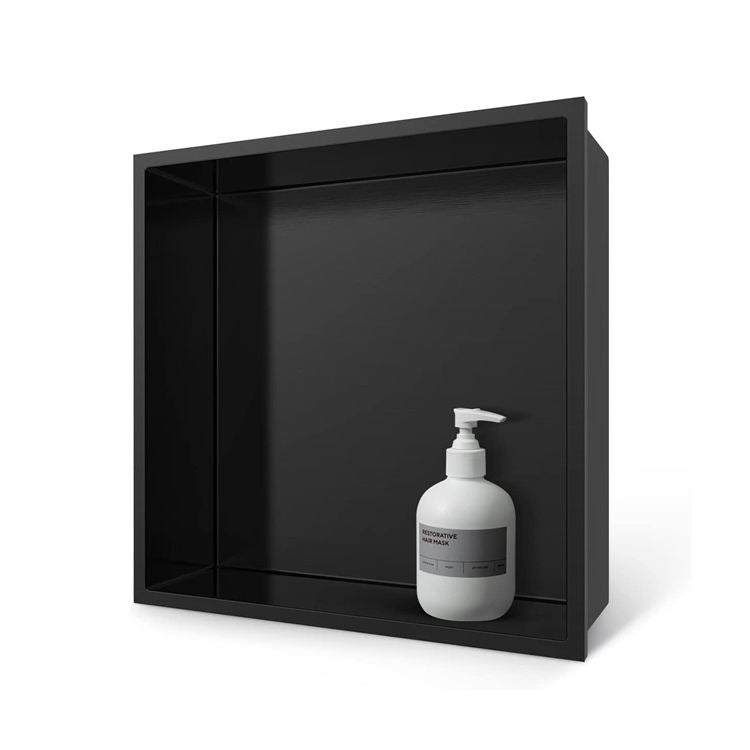 Black Rothnow® Square Shower Niche with mirrored interior for stylish bathroom storage and organization.