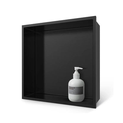 Black Rothnow® Square Shower Niche with mirrored interior for stylish bathroom storage and organization.