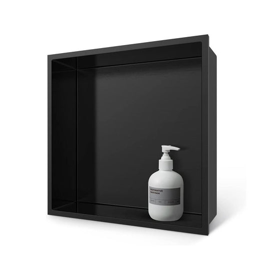 Black Rothnow® Square Shower Niche with mirrored interior for stylish bathroom storage and organization.