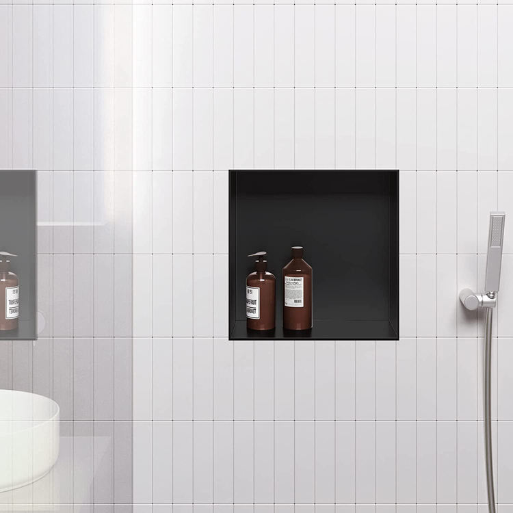 Rothnow® square black shower niche wall storage shelf for bathroom showers, with a mirrored front and modern design
