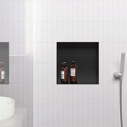 Rothnow® square black shower niche wall storage shelf for bathroom showers, with a mirrored front and modern design