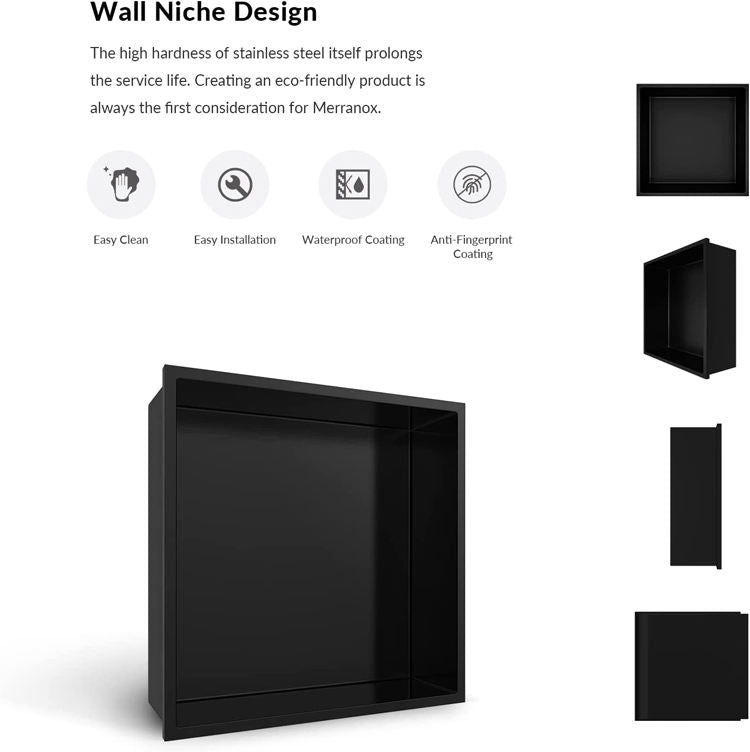 Rothnow® Square Shower Niche RN-WN003 in black, wall-mounted bathroom storage with mirrored surface for shower organization.