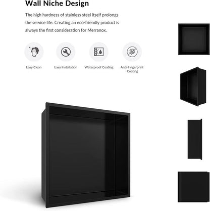 Rothnow® Square Shower Niche RN-WN003 in black, wall-mounted bathroom storage with mirrored surface for shower organization.