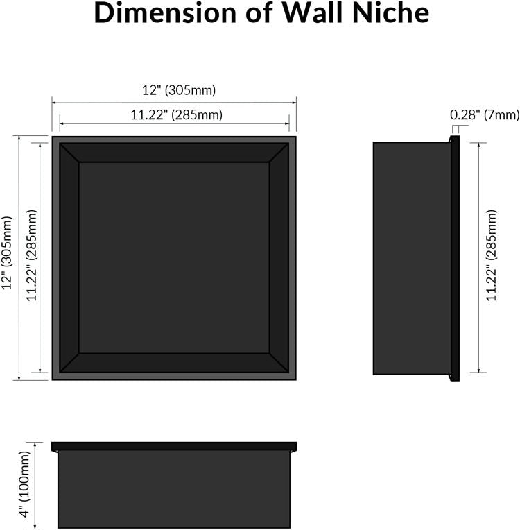 Black Rothnow® Square Shower Niche, wall-mounted 壁龛 with sleek design for bathroom storage, shown in a modern shower setting.