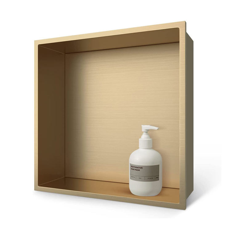 Rothnow® Square Shower Niche RN-WN003-Golden wall-mounted storage shelf with mirrored surface for bathroom shower area