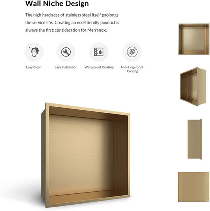 Rothnow® Golden Square Shower Niche mounted on tiled wall, modern bathroom storage solution with mirrored finish.