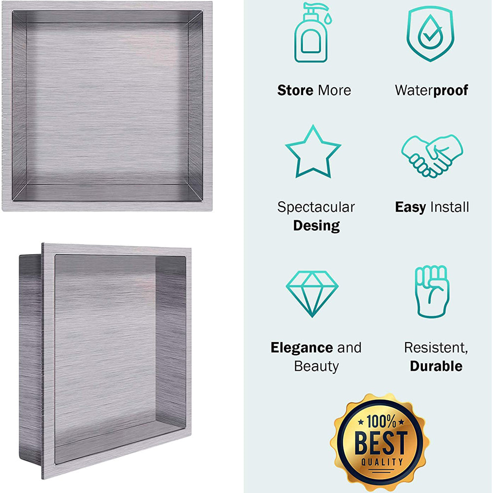 Rothnow® square shower niche in grey with pattern, wall-mounted bathroom storage with sleek design and textured surface.