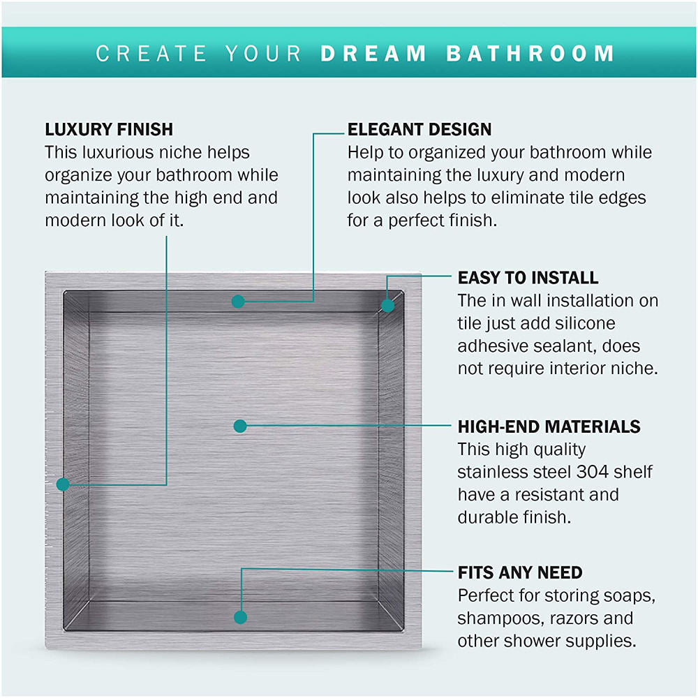 Rothnow® square shower niche with grey patterned wall storage compartment for bathroom organization