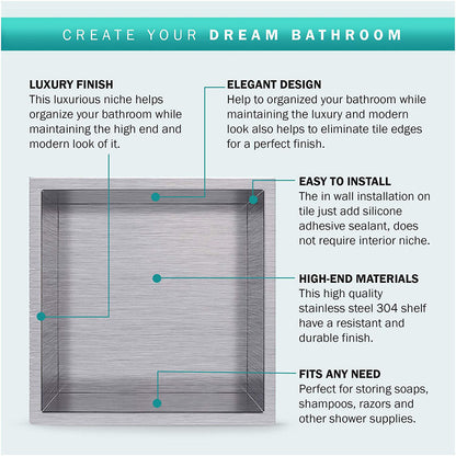 Rothnow® square shower niche with grey patterned wall storage compartment for bathroom organization