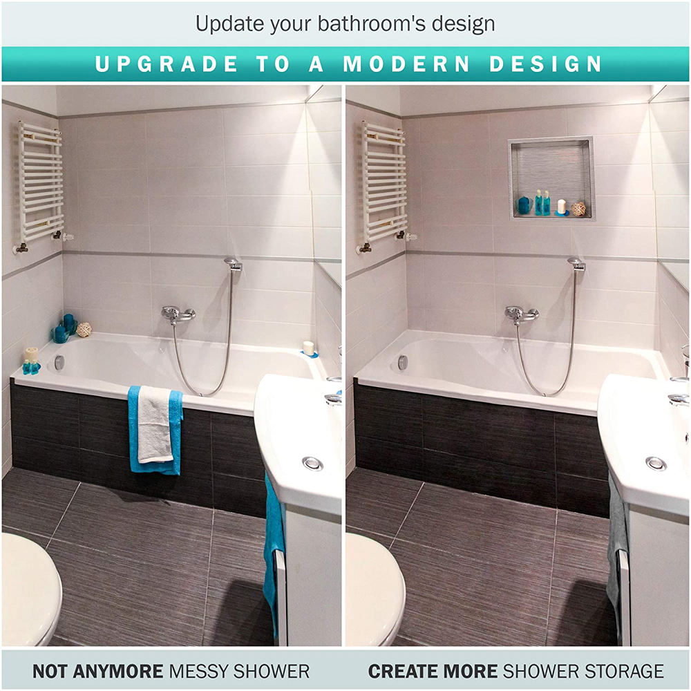 Rothnow® square shower niche with grey patterned wall cavity for bathroom storage, featuring a modern design and clean lines.