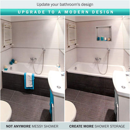 Rothnow® square shower niche with grey patterned wall cavity for bathroom storage, featuring a modern design and clean lines.