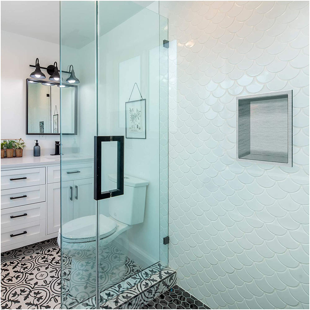 Rothnow® Square shower niche with grey patterned design, wall-mounted 壁龛 for bathroom storage, featuring a modern square shape.