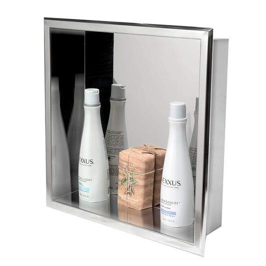 Rothnow® mirrored square shower niche for wall installation, featuring sleek design and reflective glass surface.