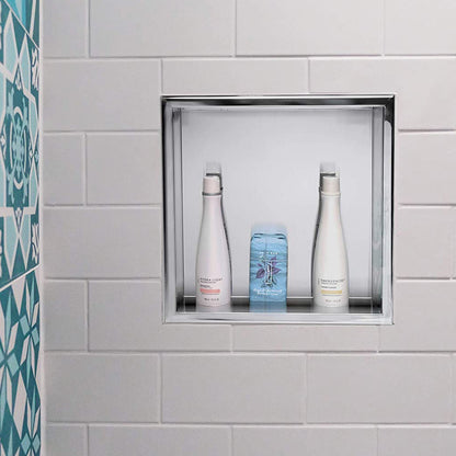 Rothnow® mirrored square shower niche wall shelf with reflective surface and sleek design for bathroom storage.