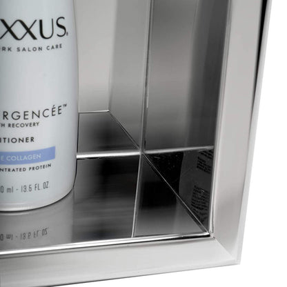 Rothnow® Mirrored Square Shower Niche in wall with reflective mirrored surface for bathroom storage and decor.
