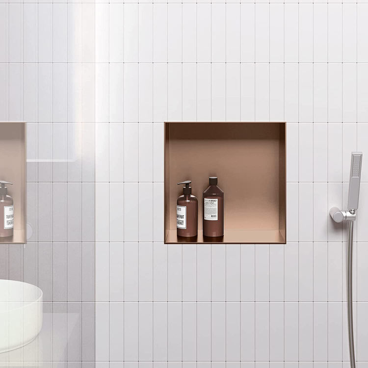 Rothnow® Square Shower Niche RN-WN003 in rose gold, wall-mounted bathroom storage with mirrored surface, modern design.