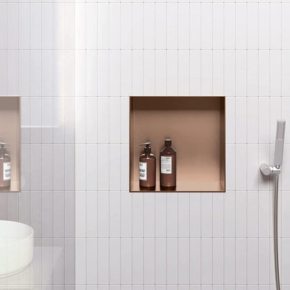 Rothnow® Square Shower Niche RN-WN003 in rose gold, wall-mounted bathroom storage with mirrored surface, modern design.