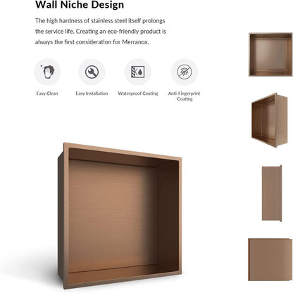 Rothnow Square Shower Niche in Rose Gold, wall-mounted bathroom storage with mirrored interior for toiletries and accessories