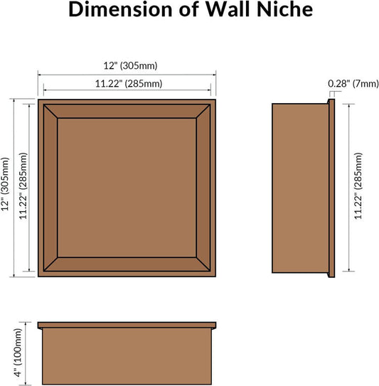 Rothnow® Square Shower Niche RN-WN003 in rose gold, wall-mounted bathroom storage with mirrored finish.
