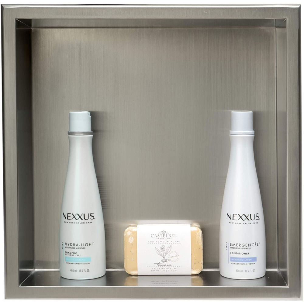Rothnow® square shower niche in satin finish, wall-mounted bathroom storage shelf with clean, modern design.