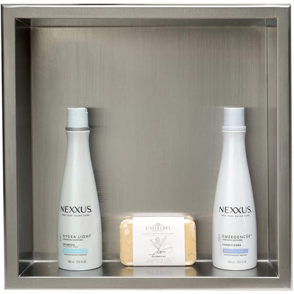 Rothnow® square shower niche in satin finish, wall-mounted bathroom storage shelf with clean, modern design.