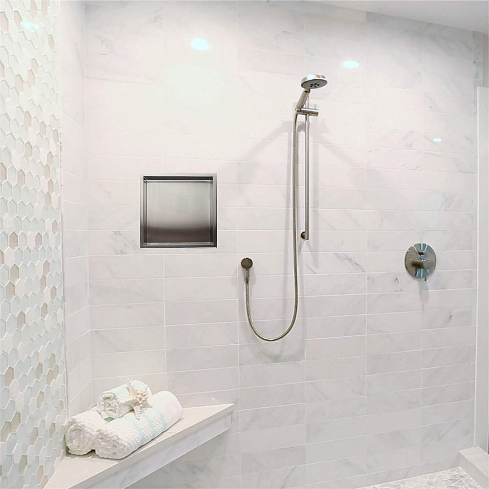 Rothnow® satin-finish square shower niche wall cavity for bathroom storage, featuring a sleek, modern design and clean lines.