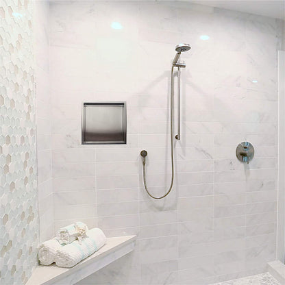 Rothnow® satin-finish square shower niche wall cavity for bathroom storage, featuring a sleek, modern design and clean lines.