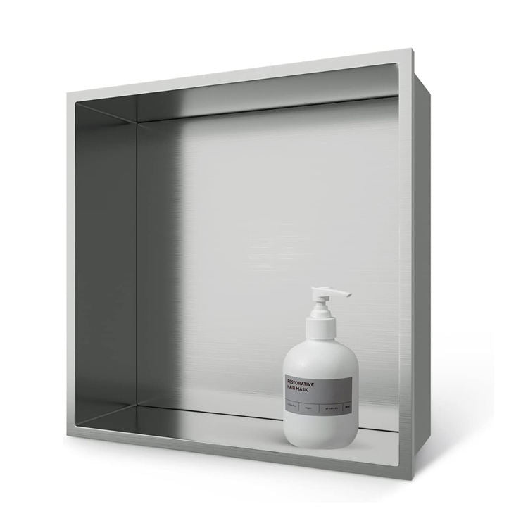 White Rothnow® Square Shower Niche wall shelf with mirrored front, ideal for bathroom storage and organization.