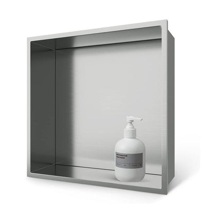 White Rothnow® Square Shower Niche wall shelf with mirrored front, ideal for bathroom storage and organization.