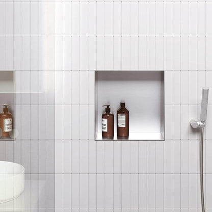 White Rothnow® Square Shower Niche 壁龛 for bathroom storage, with sleek mirrored surface and clean design.