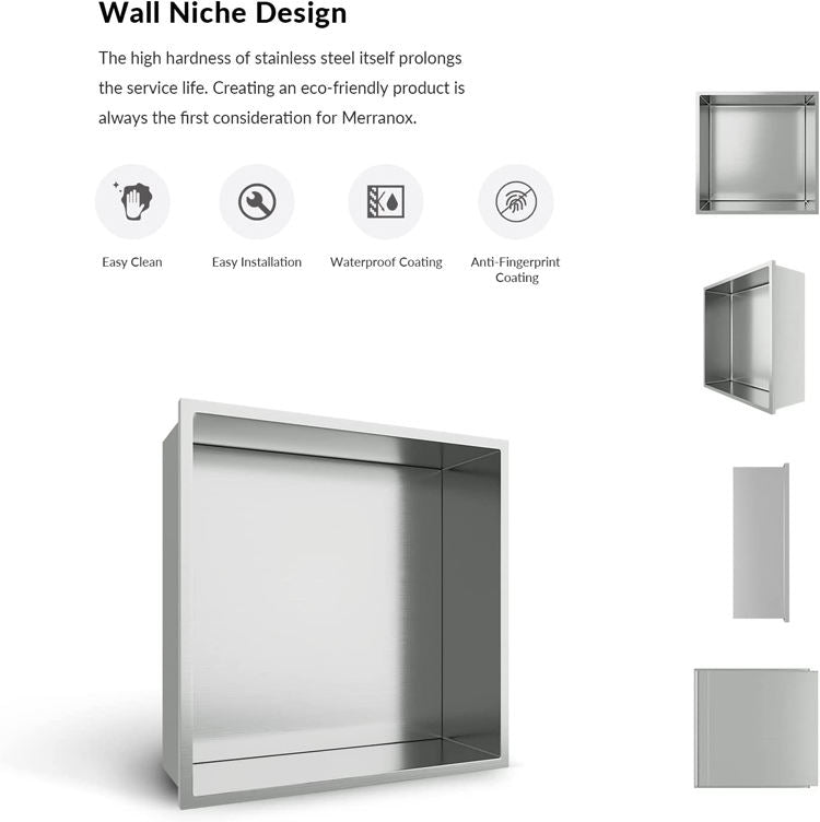 White Rothnow® Square Shower Niche wall shelf with mirrored interior for bathroom storage and organization.