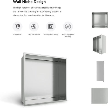 White Rothnow® Square Shower Niche wall shelf with mirrored interior for bathroom storage and organization.